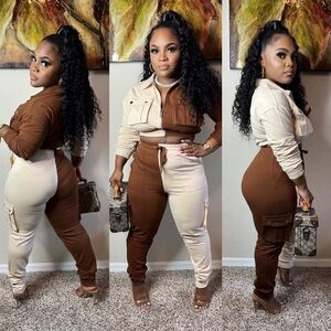 Two-Tone Brown and Cream Women's Two-Piece Set